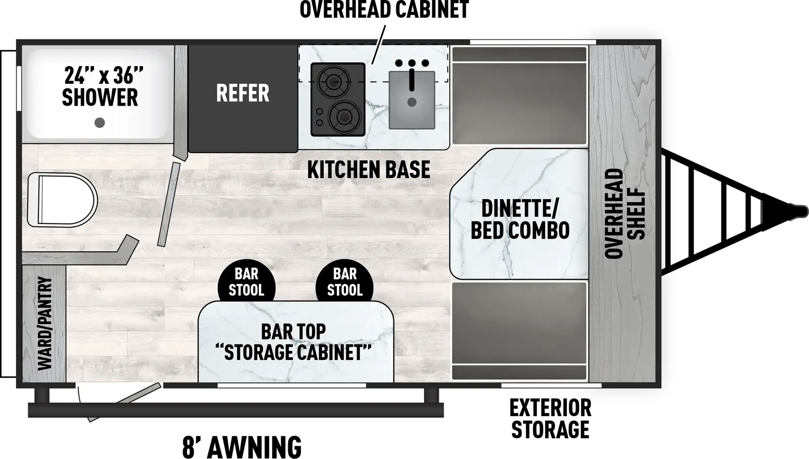 The Viking Travel Trailers 14R floorplan has one entry and zero slide outs. Exterior features include: metal exterior and 8' awning. 